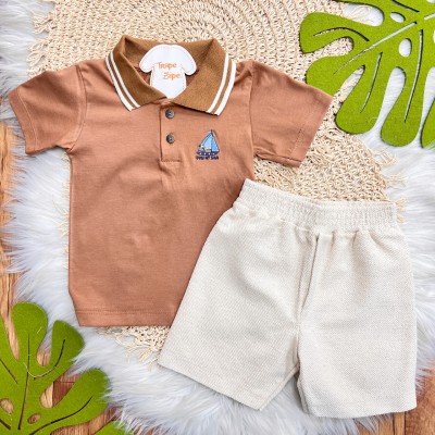 Conj. Camiseta Gola Polo Fun At Sea e Bermuda em Linho - Marrom e Areia